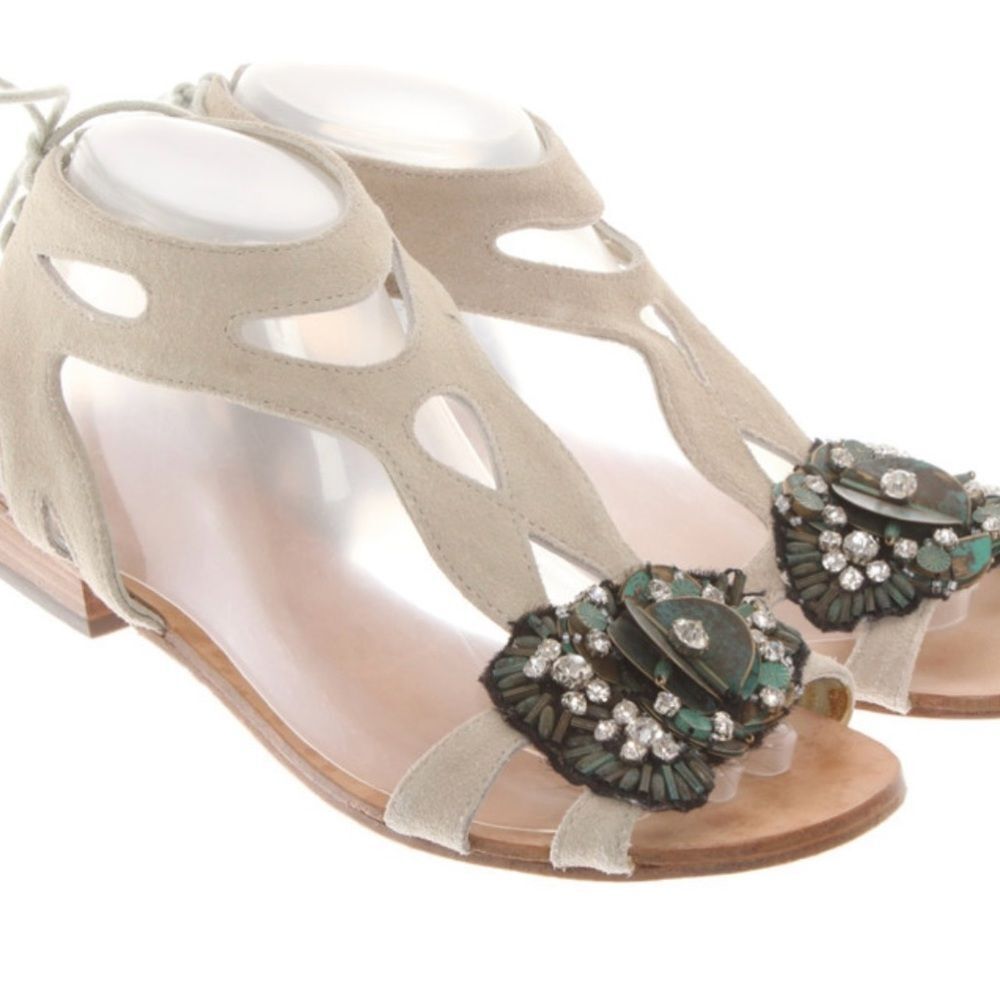 Beaded Taupe Suede Women's Flat Sandals